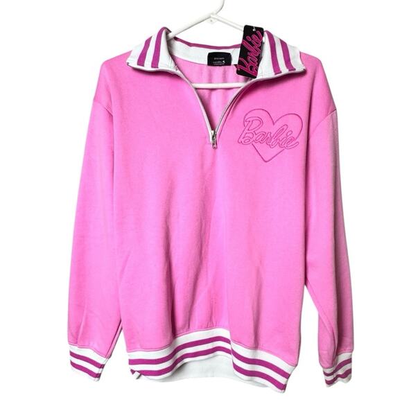 Barbie Tops - Barbie Pink and White Quarter-Zip  Long Sleeve Sweatshirt Sz M NWT